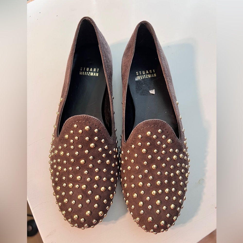 Stuart Weitzman Brown Suede Studded Loafers